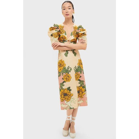 FARM RIO Delicate Flower Arabesques Short Sleeve Midi Dress NWT M Retail  $280